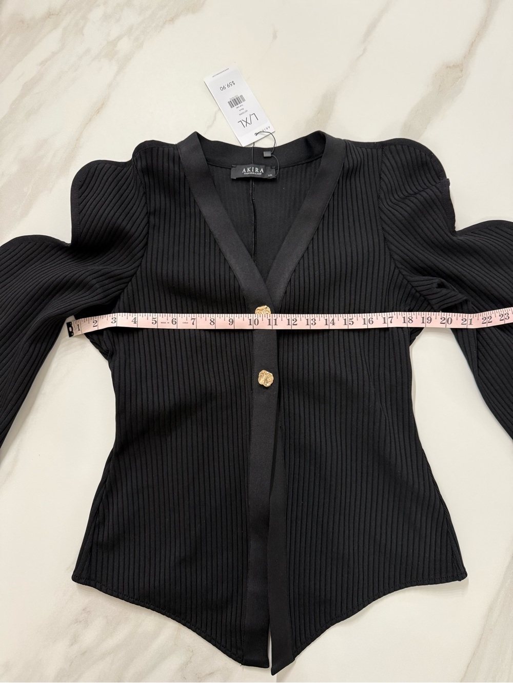 NWT AKIRA Black Wavy Structured Sleeve Ribbed Cardigan L/XL Statement Sweater - Picture 7 of 13